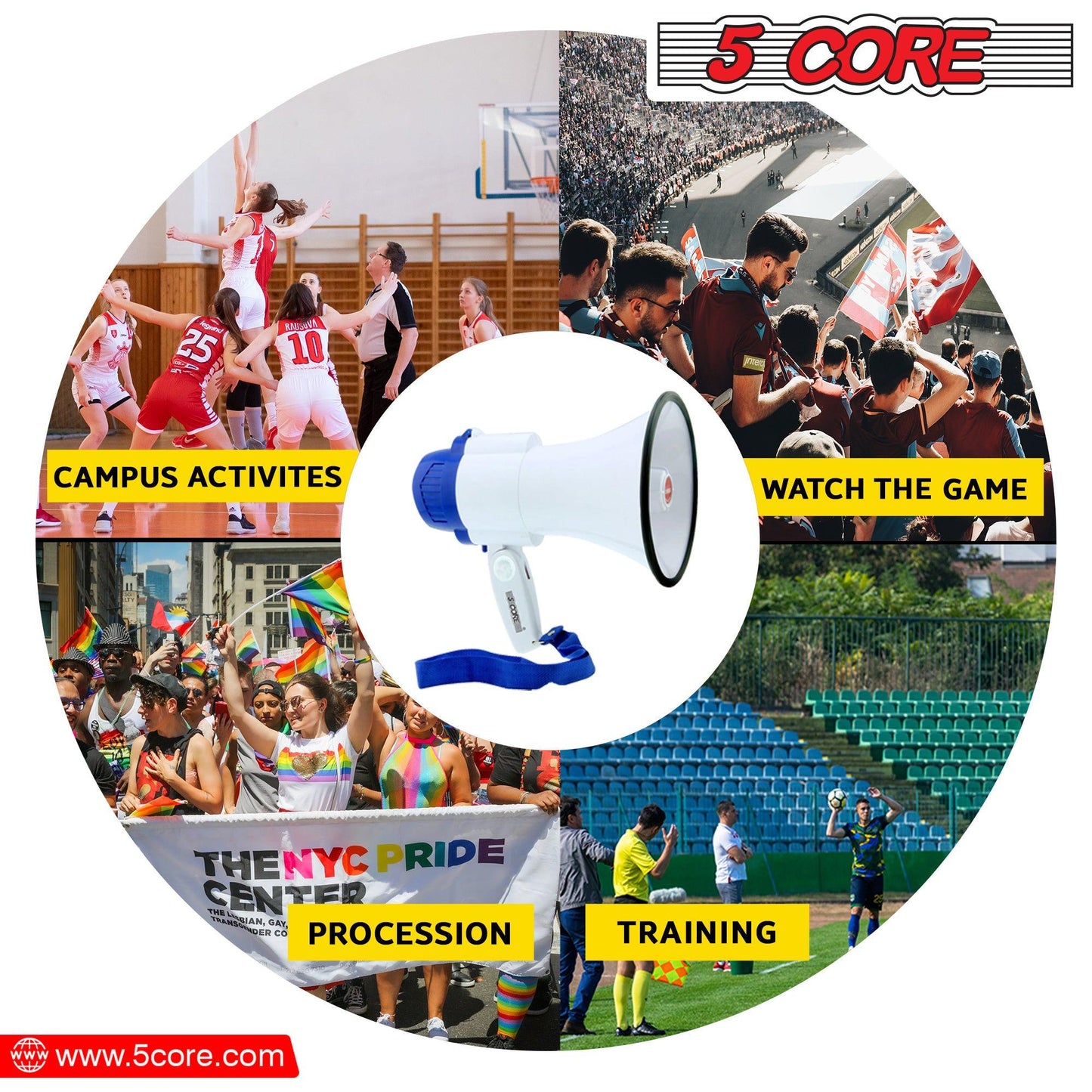 5 Core Cheer Megaphone Bullhorn with Siren & Voice Recording 8R