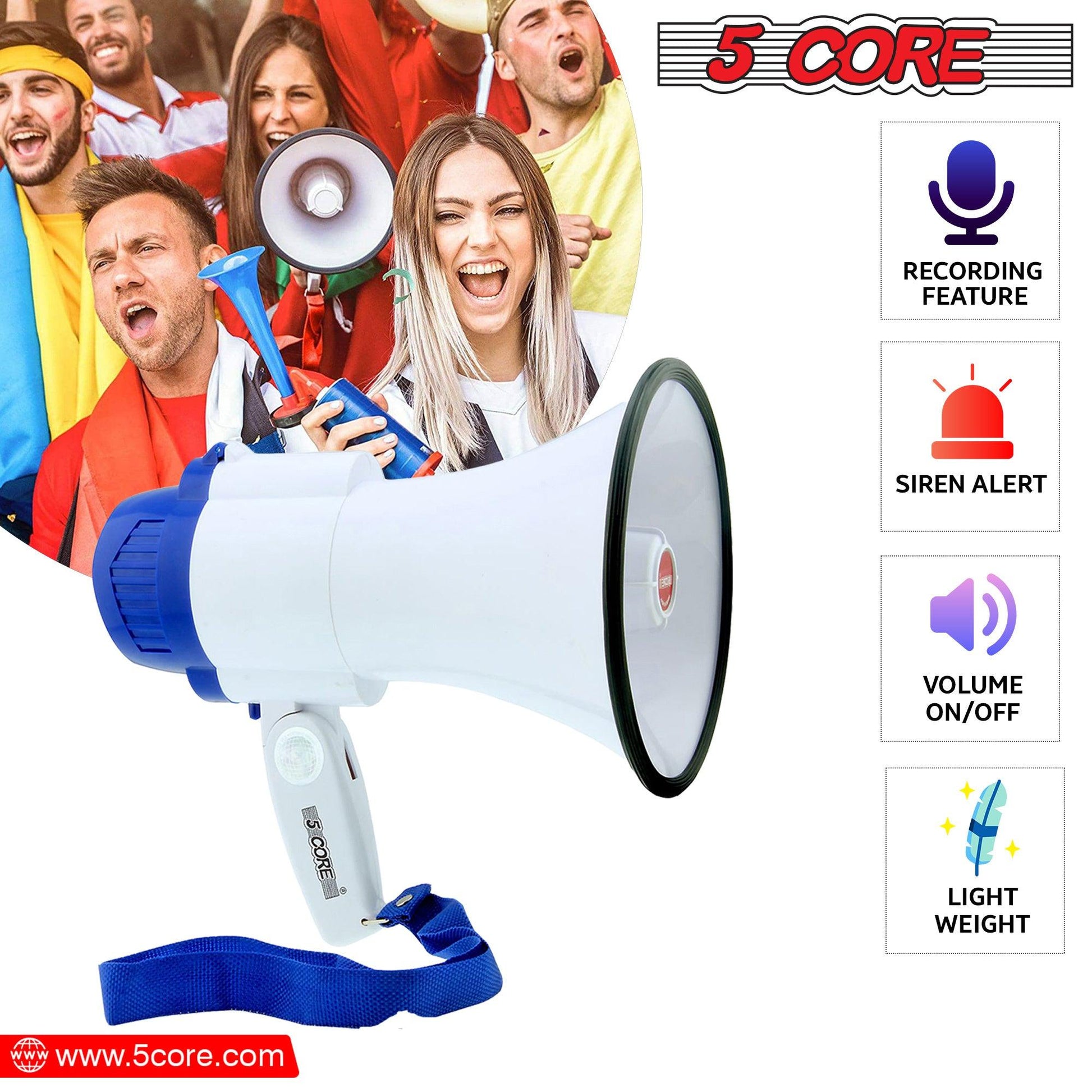 5 Core Cheer Megaphone Bullhorn with Siren & Voice Recording 8R